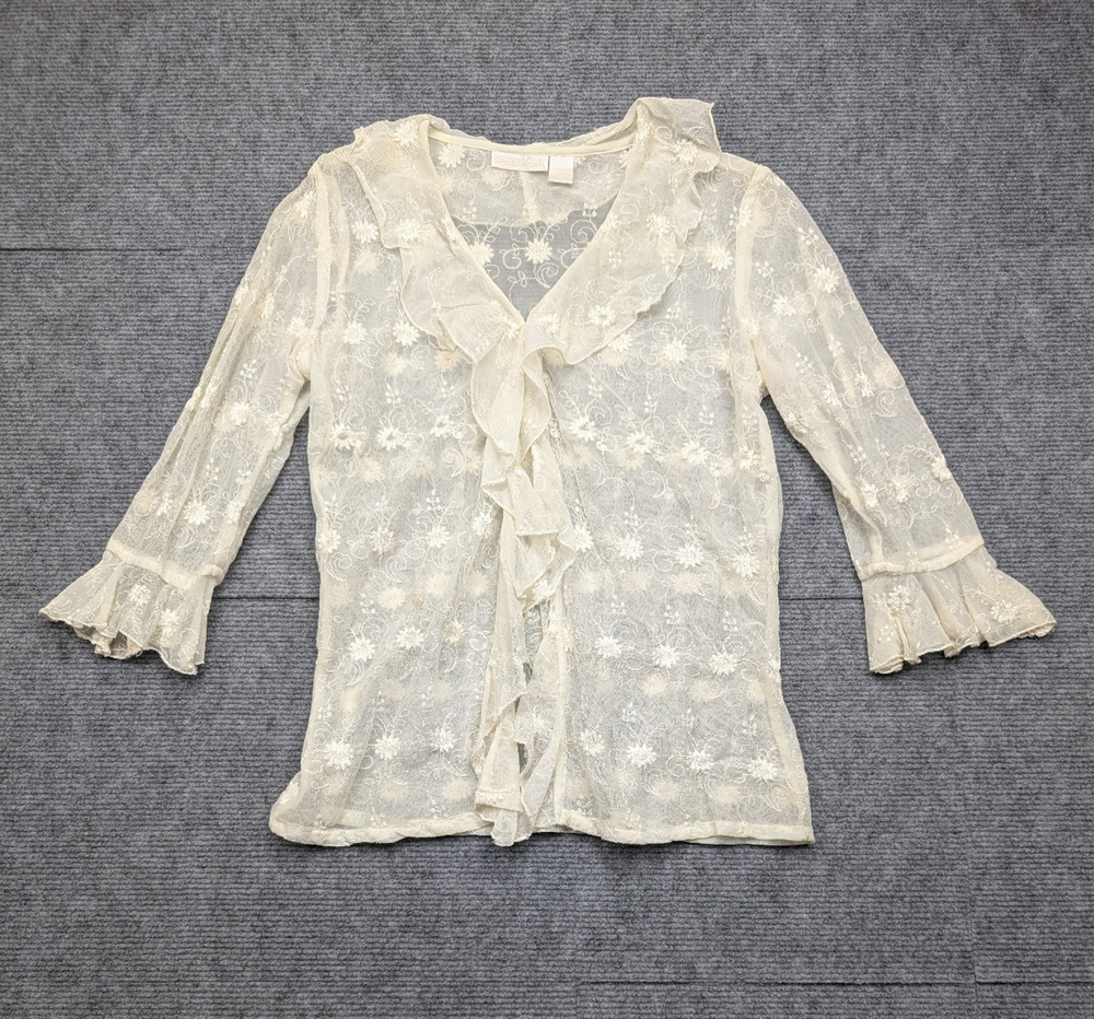 Sheer Lace Blouse Womens XS Vintage 90s Coquette Ruffle Layer Y2K Fairy Cream